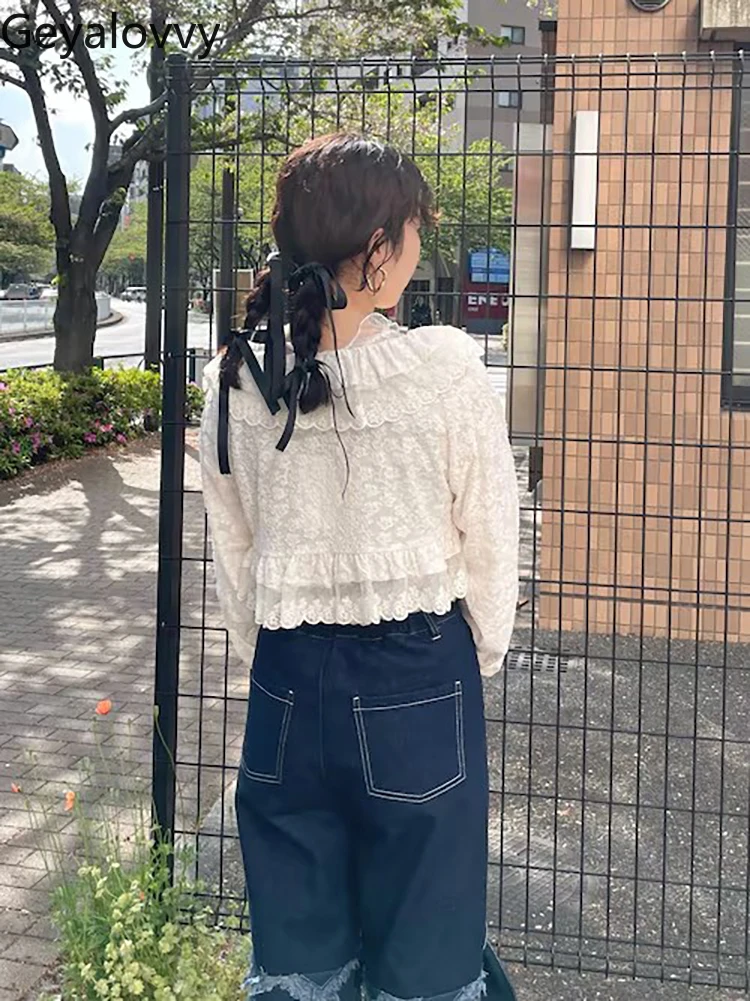 ญี่ปุ่นโปร่งใสเล็กน้อยลูกไม้ Splicing สั้นแขนยาวเสื้อสเวตเตอร์ถักด้านนอกภาษาฝรั่งเศสคําผู้หญิงฤดูใบไม้ผลิและฤดูร้อนเสื้อ