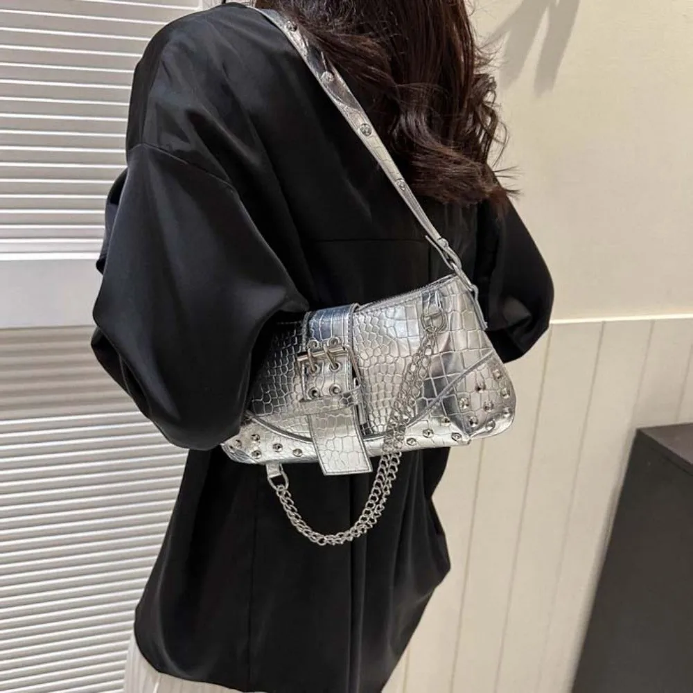 

Y2K Crocodile Underarm Bag Korean Style Solid Color PU Rivet Chain Handbag Large Capacity Waterproof Texture Shoulder Bag Women