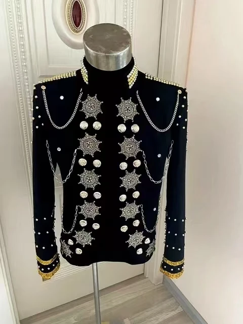 Heavy Metal Chain Black Pearls Jacket Men Cowboy Rock Coat Party Stage Show Singer Dance Performance Coat