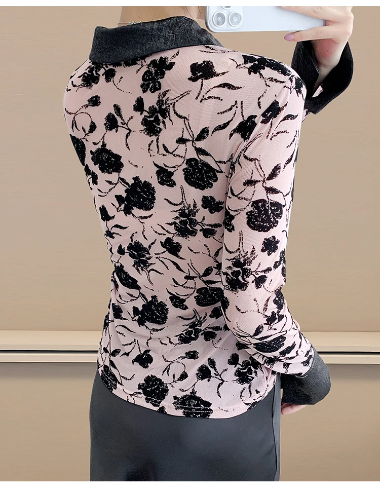 Stylowa bluzka polo damska: eleganckie koszulki z długim rękawem, z siateczki flokowanej, z falbankami, wyszczuplające i szykowne, idealne na wiosnę i jesień.