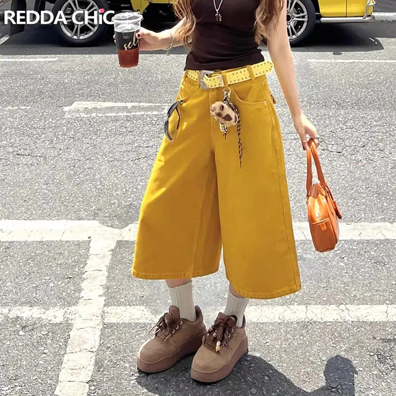 ReddaChic Pantalones Cortos de Mezclilla Anchos y Holgados para Mujer, Estilo Coreano Retro, Coloridos, para Uso Diario