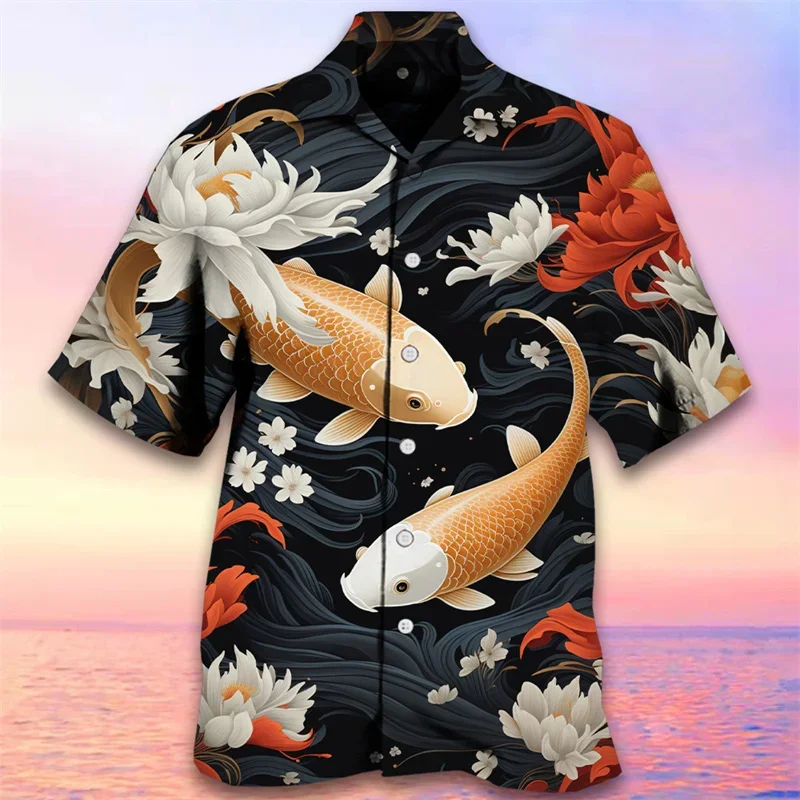 Men's Vintage Japanese Koi Fish Lotus Print Short Sleeve Button Down Shirt Casual Summer Beach Vacation Party Tops for Adult Men
