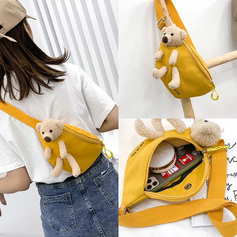 Sac banane monochrome pour femme, sac à main de hanche, ceinture en toile, sac à bandoulière design, jaune, noir, ours mignon, nouveau
