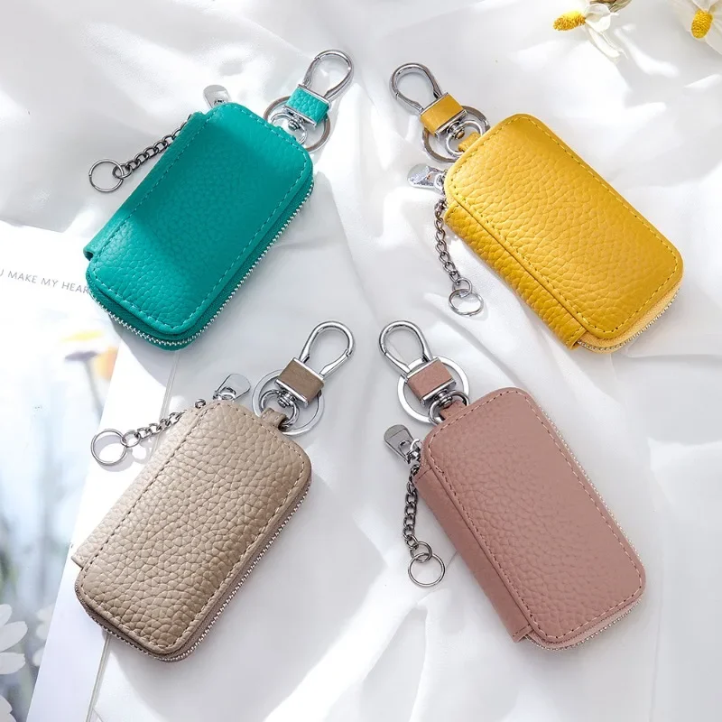 Leather Key Bag Zip Large Capacity Keychain Wallet Cute Coin Purse Short Small Mini Men's Waist Hanging Car Key Organiser Case