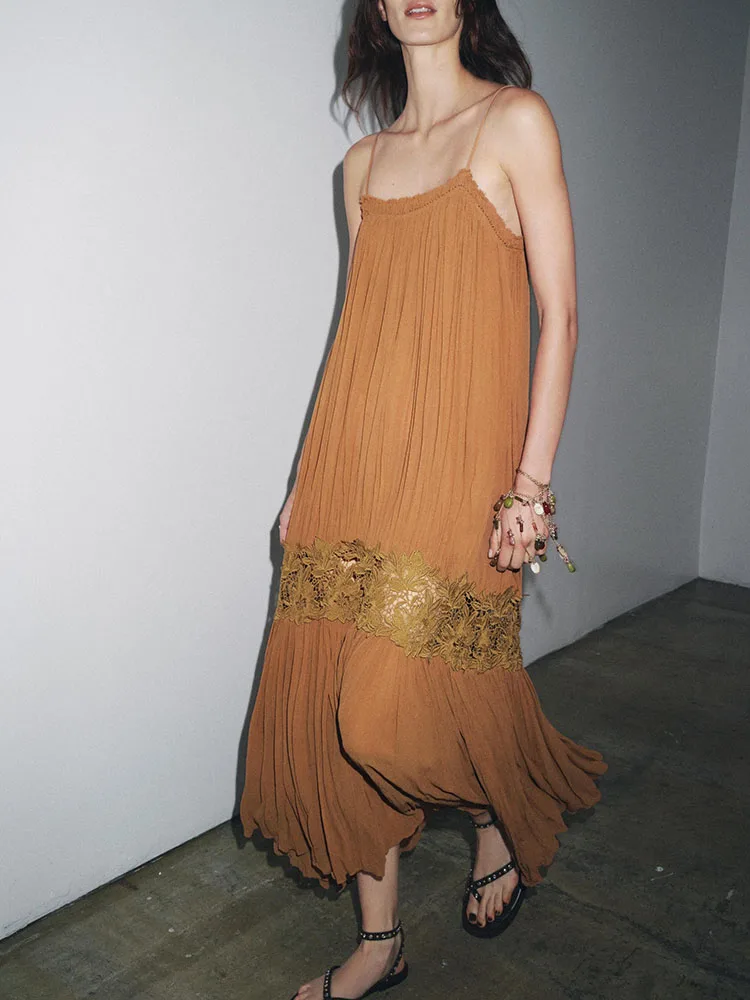 

Summer New Arrival Women's Faionable Svel Embroidered Strap Dr Wrinkles ZA2025 Ele Gown for Ladies