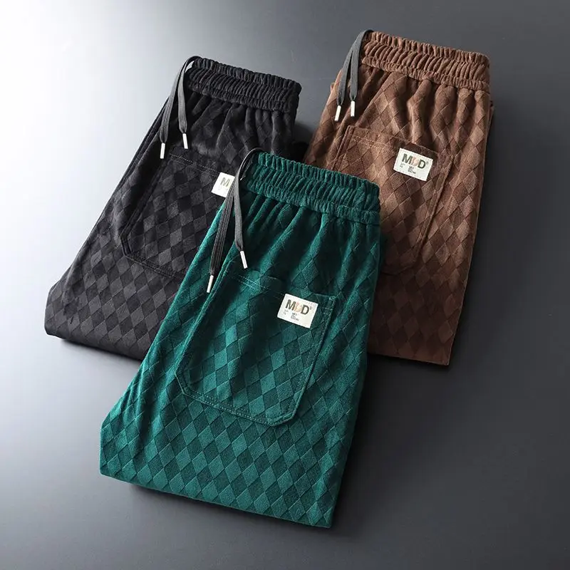 Spring and Autumn Casual Pants Men's Fashion Light Luxury Dark Green Rhombus Grid Textured Elastic Waist Handsome Long Pants