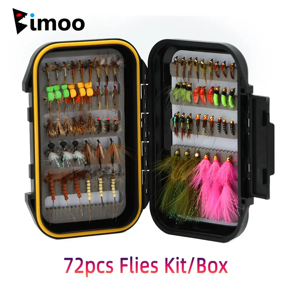 

Bimoo 72pcs Flies Kit/Box Adams Dry Fly Mayfly Dry Flies Caddisfly Bead Head Wet Nymphs Woolly Bugger Streamer Trout Fish Lure
