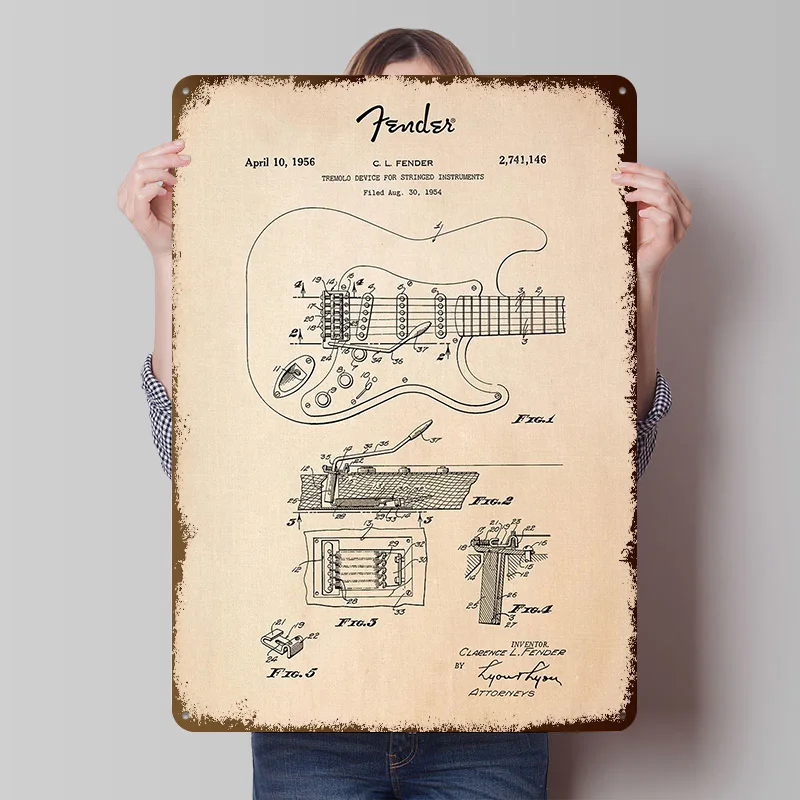 Fender Guitar Patent Tinplate Posters Customizable Wall Art Retro Vintage Metal Signs for Home Room Bedroom Decorations Garden