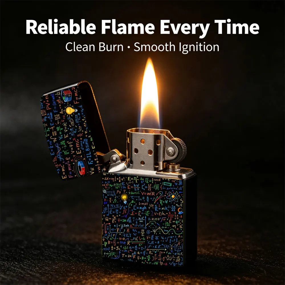Pocket Lighter, Flip-Top Windproof Design, Metal Case with Engraved Math Pattern, Ergonomic Grip, Portable & Durable - Ideal for Daily Use