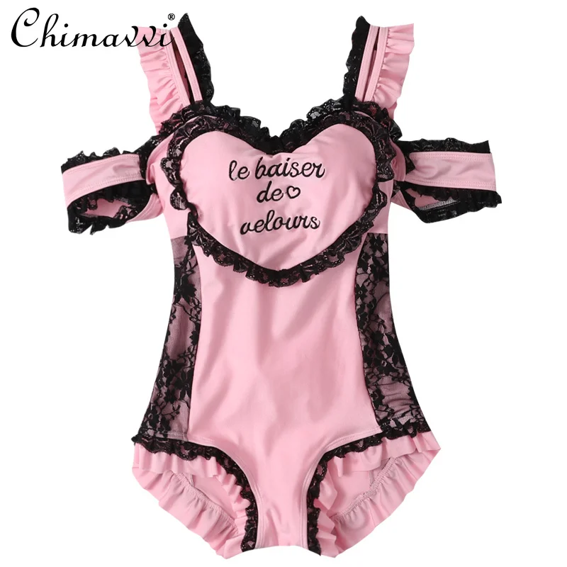 Traje de baño de una pieza rosa Sweet Lolita, bonito traje de baño Kawaii con cuello de novia Y2k, novedad de verano, traje de baño para mujer 2025