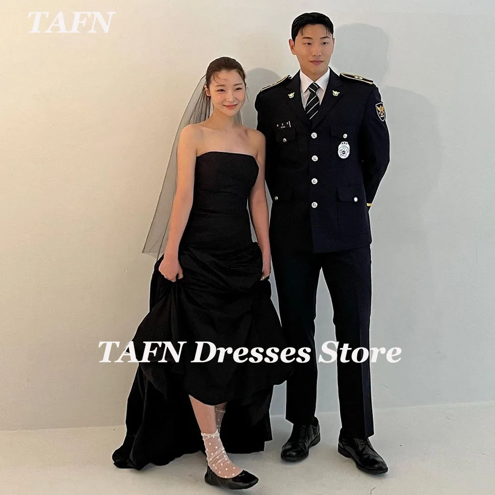 

TAFN 2 Styles Strapless Korea Black Wedding Dresses A-line Draped Bridal Gown Sleeveless Satin Dress for Bride Custom Made