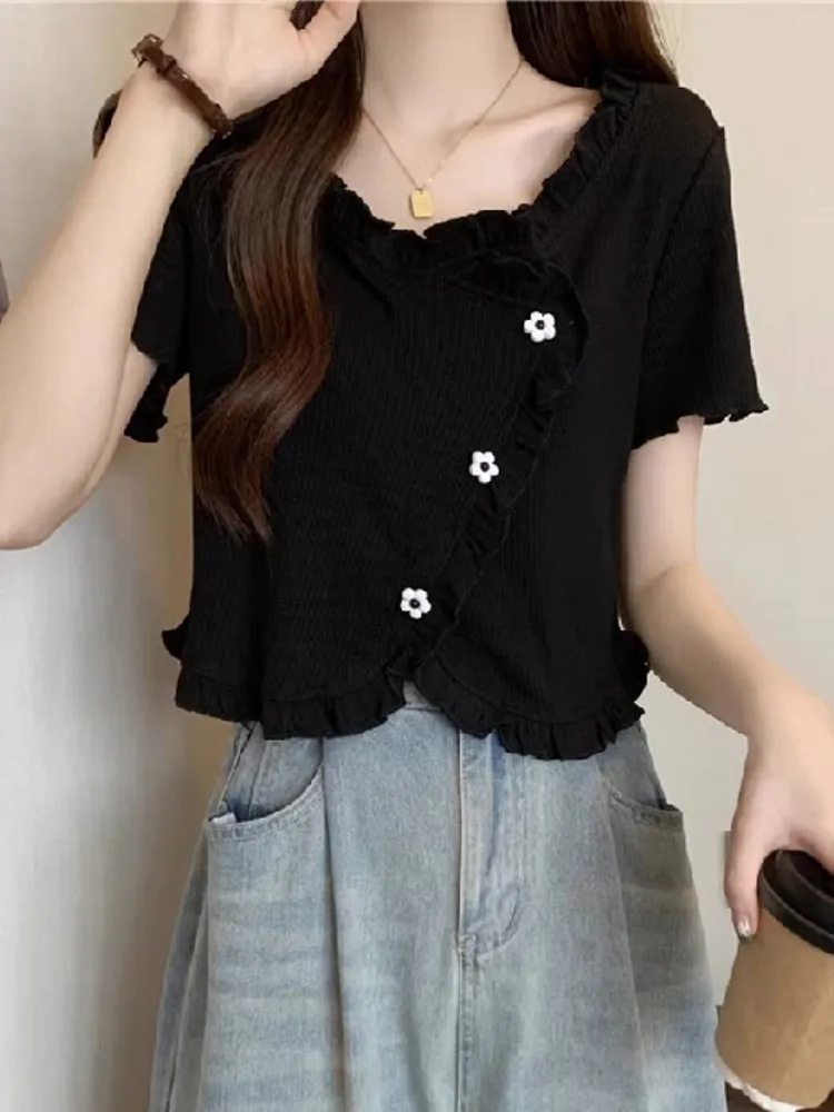 Novedad de verano, camiseta ort Sve de diseño, Faion para mujer, dobladillo asimétrico, adelgazante, versátil, longitud ort, Top coreano Sle