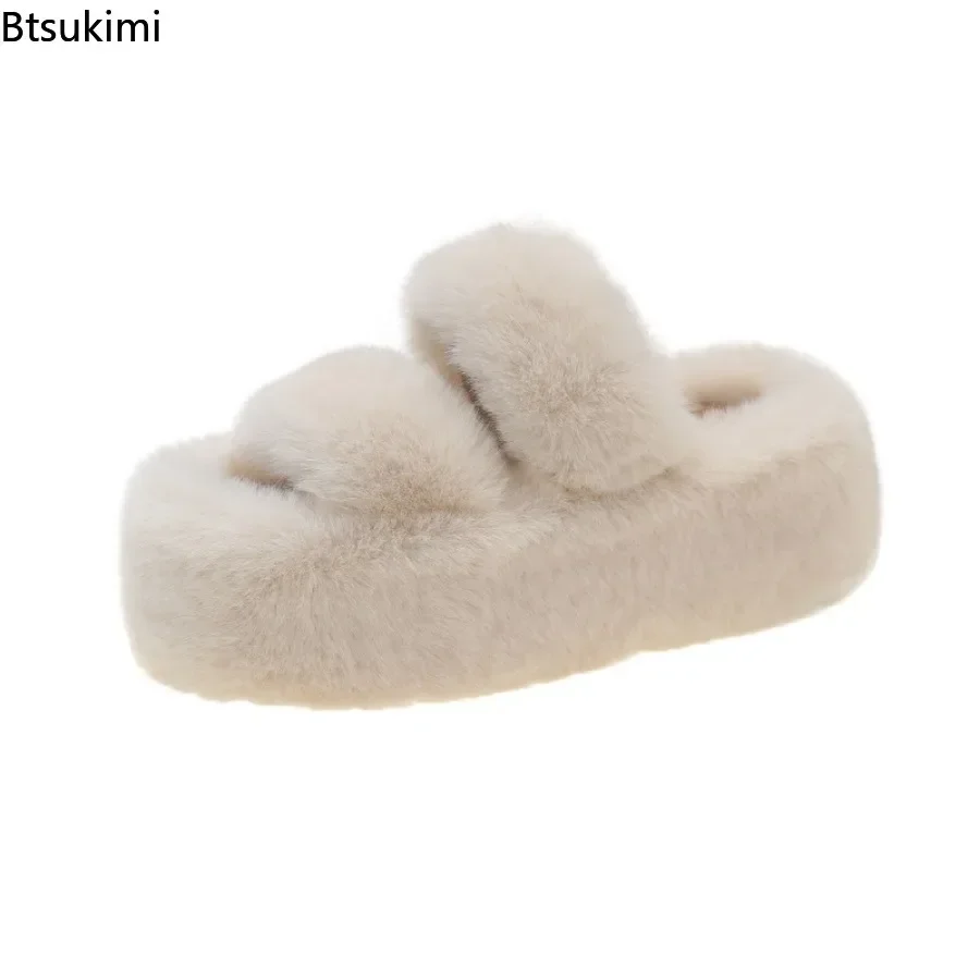 New2025 Women's Thick Soled Plush Slippers Autumn Winter Fashion Slope Heel Matsuke Sole Cotton Slippers Female Platform Slipers