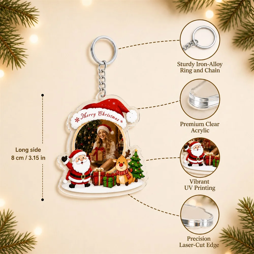 1PC Personalized Photo And Text Christmas Keychain,Clear Acrylic Santa Reindeer Tree Bag Charm,Holiday Keepsake,Christmas Gift