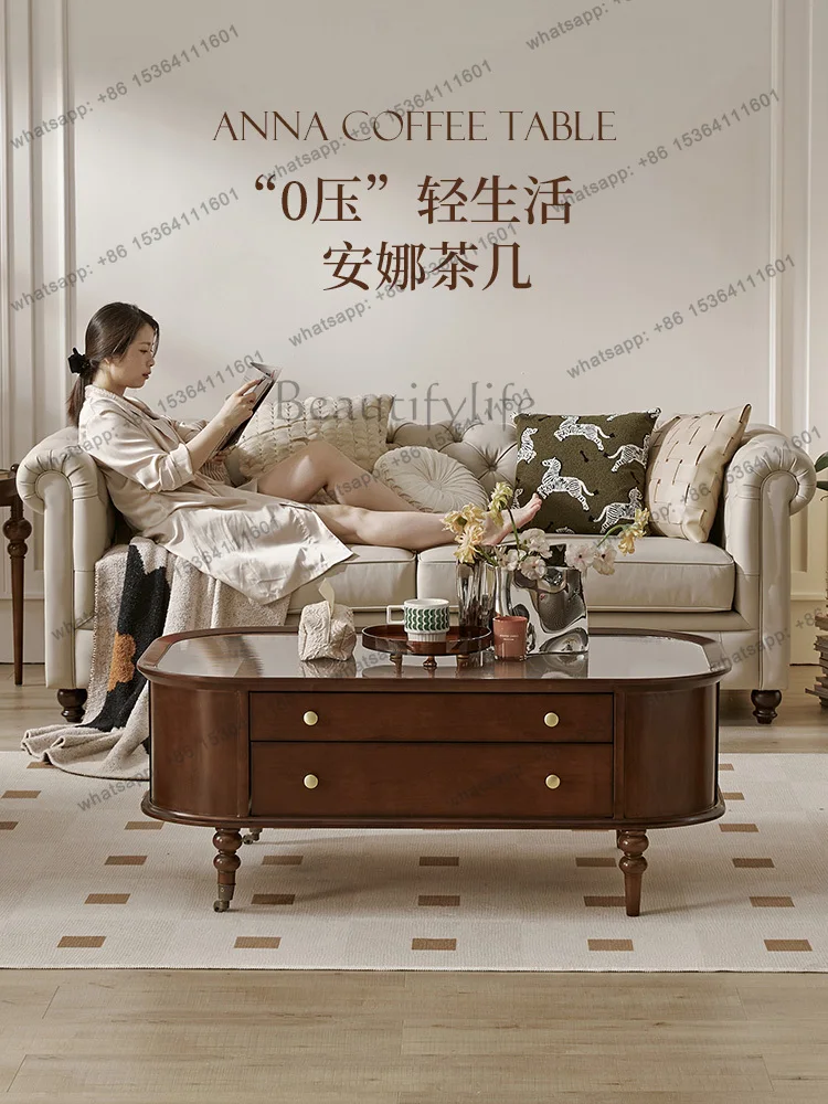 

American retro solid wood coffee table combination living room French light luxury high-end glass tea table