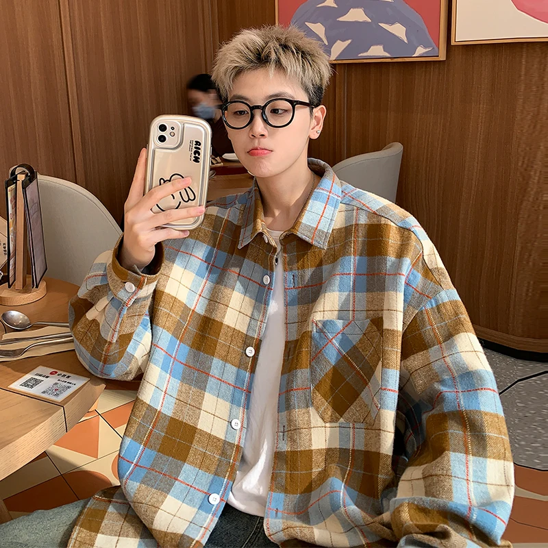 

Hong Kong Sle Plaid Long Sve Casual irt Men's Spring Autumn American Trendy Vintage Couple's irt Loose Outerwear