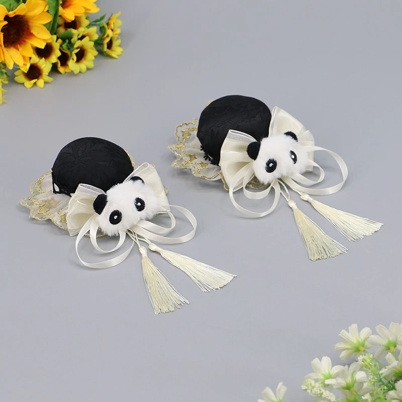 로리타 골동품 머리 장식 프린지 소녀 귀여운 볼 헤드 민족 스타일 쌍 팬더 롤빵 머리핀 헤어 액세서리