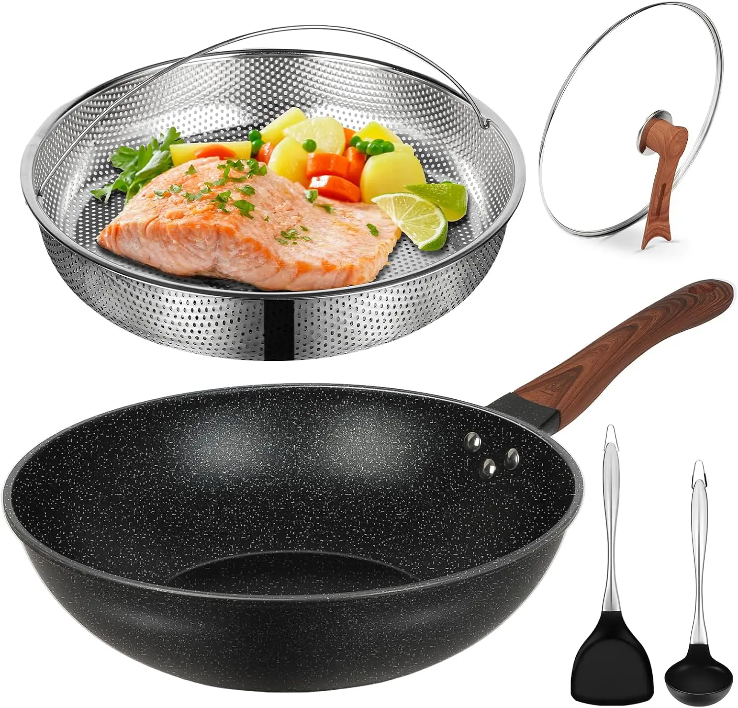 

13'' Nonstick Wok, Woks & Stir-Fry Pans Non Stick Wok with Lid and Steamer Basket Spatula Ladle, 100% PFOA Free Induction