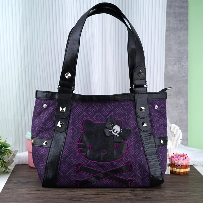 MINISO Sanrio Hello Kitty Vintage Purple Handbag Y2K Gothic Style Multifunctional Underarm Tote Bag Sweet and Spicy Fashion image 6