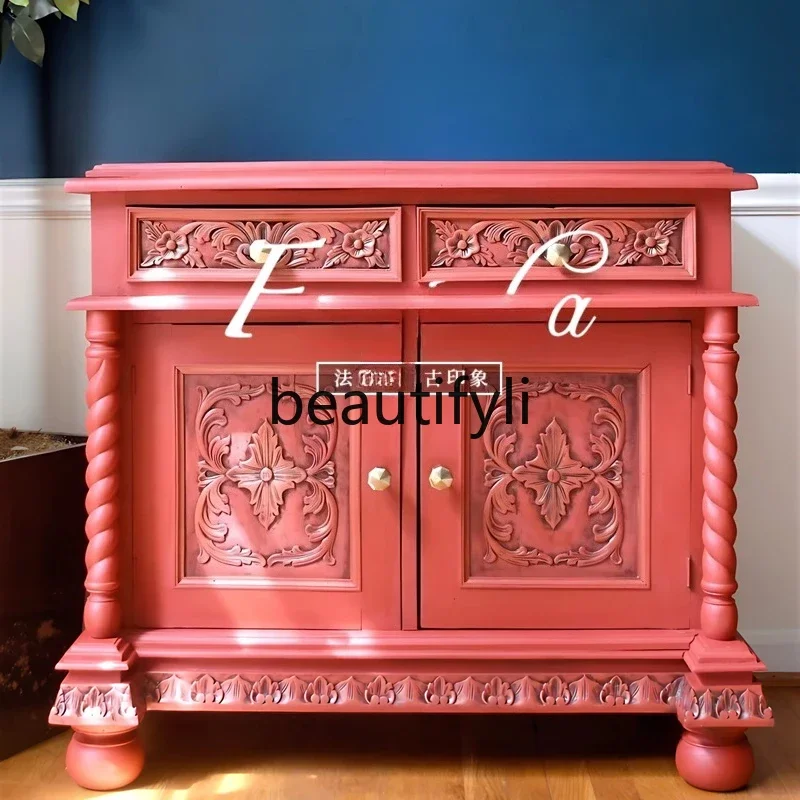 

zzqFrench entrance cabinet living room dining side cabinet solid wood carving flower aisle storage villa decorative cabinet