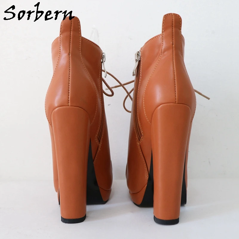 Sorbern Brown Ankle Boots For Women Lace Up Thin Platform Block High Heels Winter Style Warm Plush Short Booties Custom 33-48