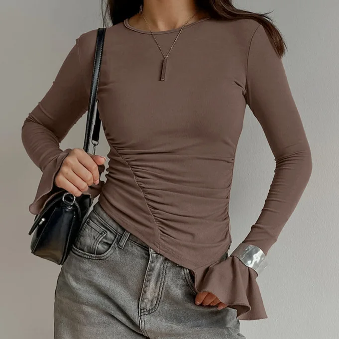 

Sexy Slim-fit Irregular Pleated Round Neck Long-sleeved T-shirt Women's Fashion Thin Versatile Bottoming Shirt