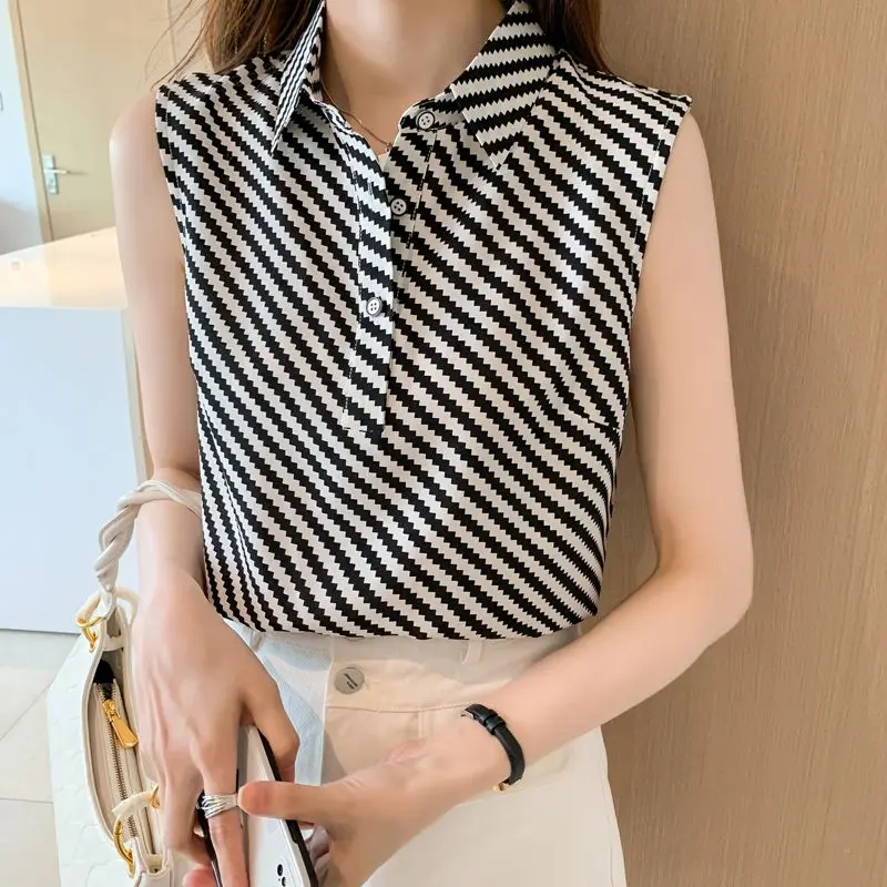 Simplicity Summer Thin Style Women\'s POLO Collar Striped Single Breasted Korean Fashion Loose Sleeveless Chiffon Shirt Tops