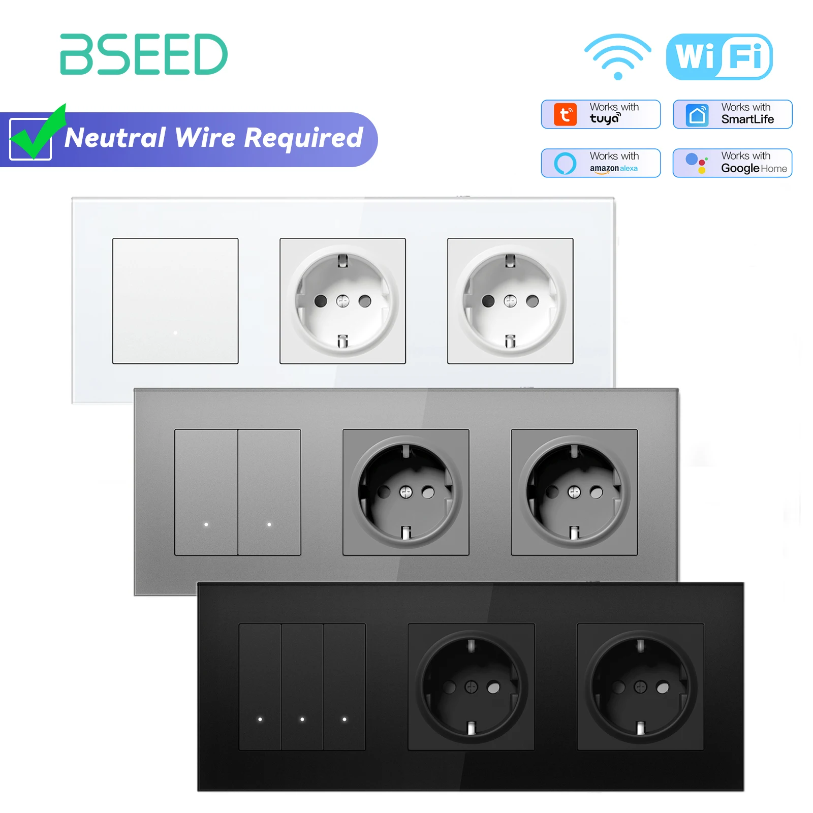 BSEED 1/2/3/4Gang 2Way WIFI Click Button Switch Double EU Socket Glass Panel LED Indicator Tuya Smart Life Alexa Voice Control