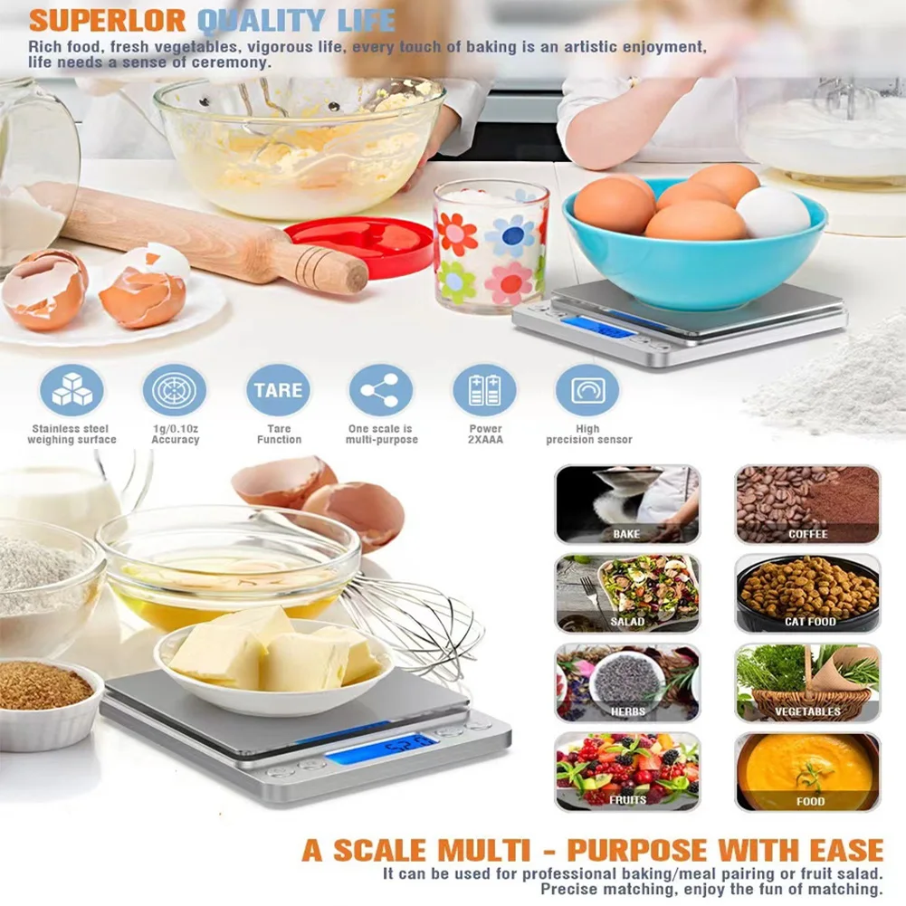 2kg/3kg/500g Multifunction Kitchen Scale 0.1/0.01g Digital Kitchen Scale Accurate Weighting High Accuracy Gram Scale LCD Display