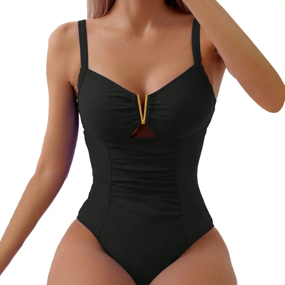 2025 Slim Fit Swimsuit Stylish V-neck One-piece Swimsuit for Women Pleated Monokini Beachwear with Quick-drying Fabric for Ladie