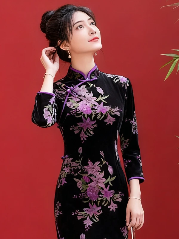 

New Chinese Sle Dr Revamped Traditional anghai Mom's Dr Daily Wear Comfortable Long Qipao Floral Pattern
