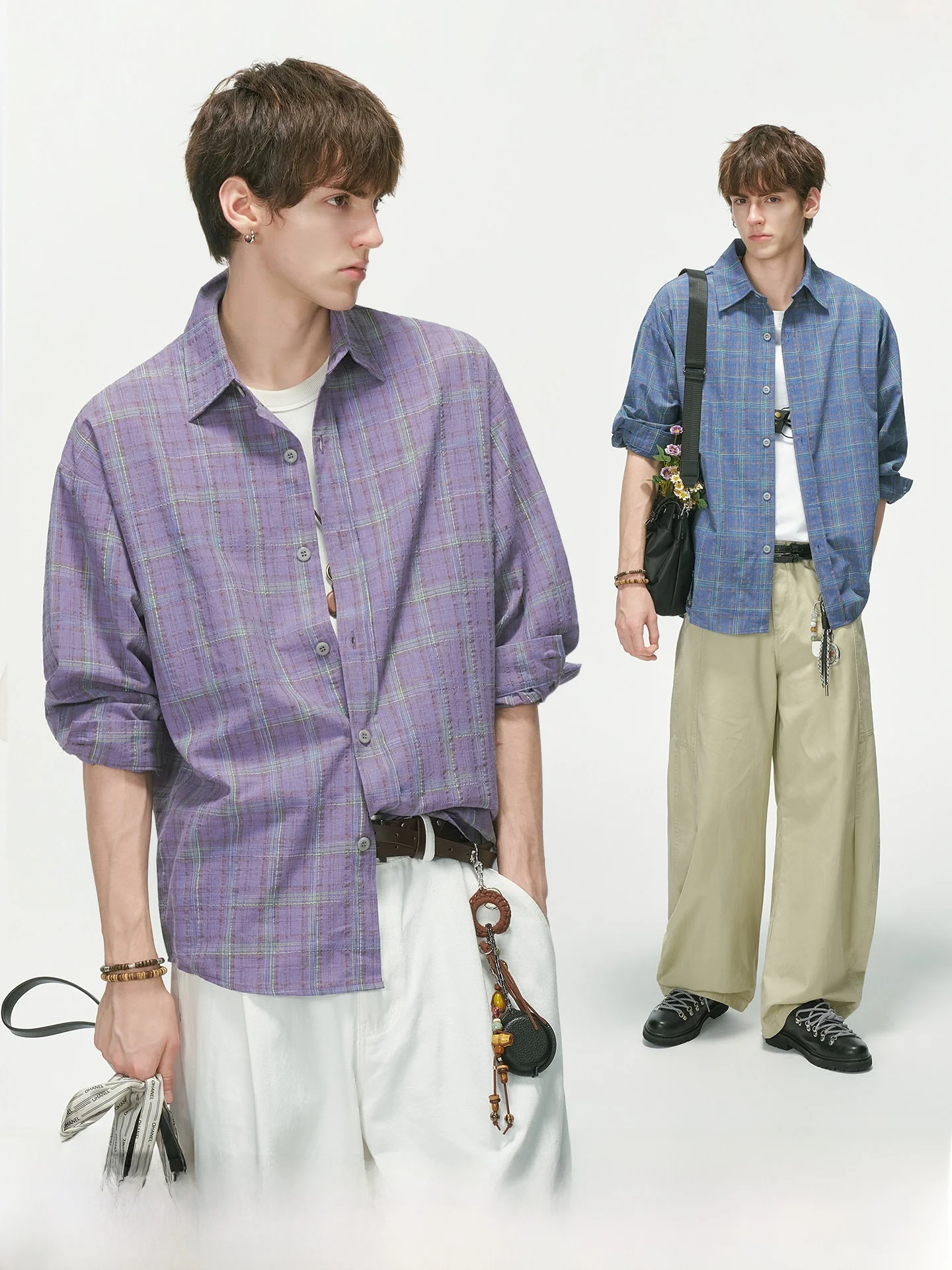 Loose Fit Long Sleeve Men's Shirt Purple Plaid Casual Layering Style Commute Fashion Cotton Polyester Blend Autumn Wear