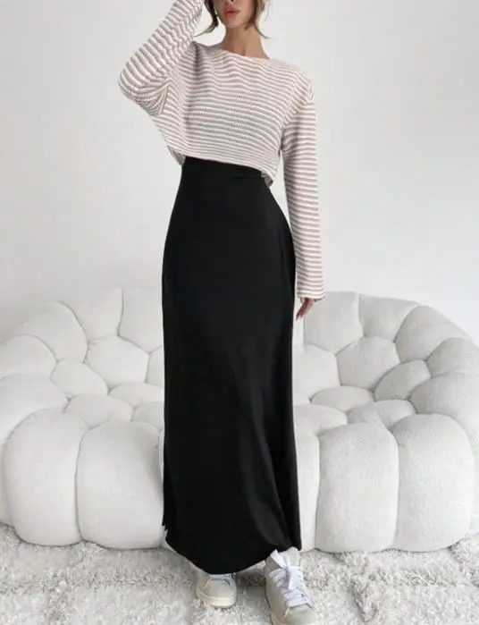 

Two Piece Set Women Outfit 2026 Spring Autumn Striped Round Neck Long Sleeve T-Shirt & Strap Slim Fit Casual Long Dress Set
