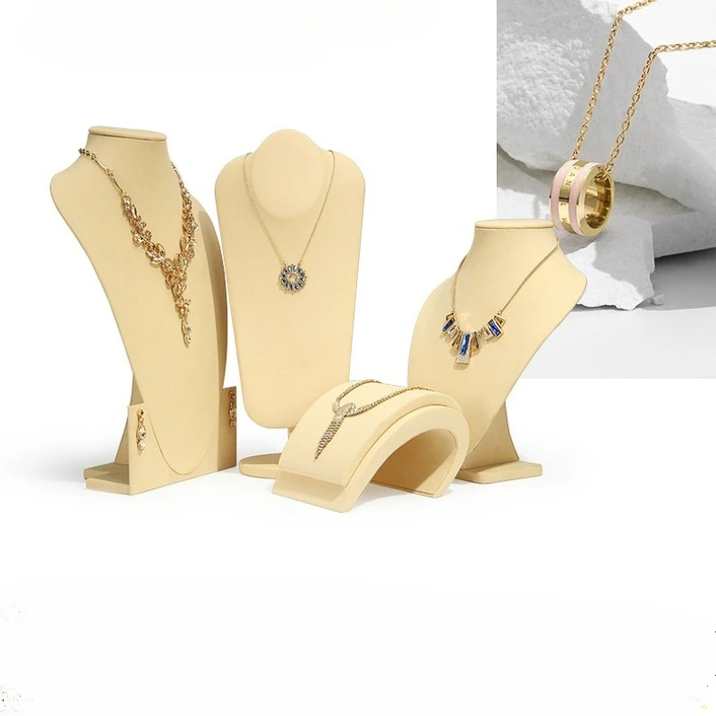 

Новая подставка для ювелирных изделий, бежевая замша, цветная золотисто-желтая модель ювелирных изделий, портретная витрина, реквизит, ожерелье, стойка для колец