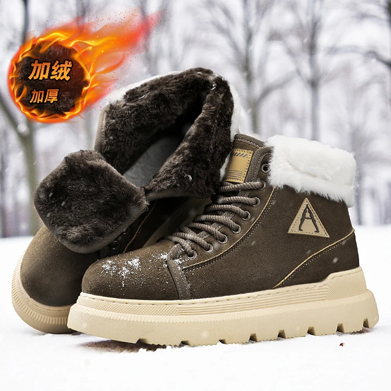 Men Cold Weather Fleece Lined Work Ankle Boots Sturdy Upper Non Slip Wearproof Sole Warm Boots City Daily Walking Outfit