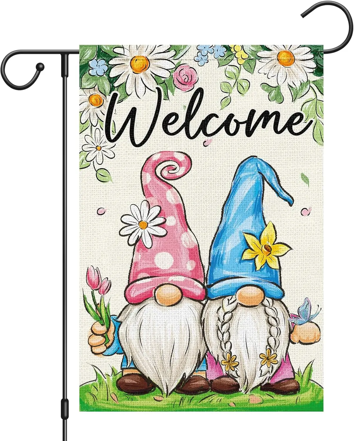 Heyfibro Welcome Spring Gnomes Garden Flag 12x18 Inch Double Sided Burlap, Spring Summer Daisy Flower Floral Garden Flags fo SSL