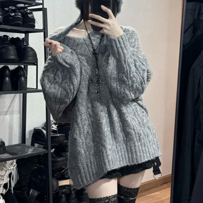 Pullovers Women High Street Autumn Winter Thick Knitted Hot Girls V-neck Off Shoulder Korean Style Loose Ins Ulzzang Solid Gray