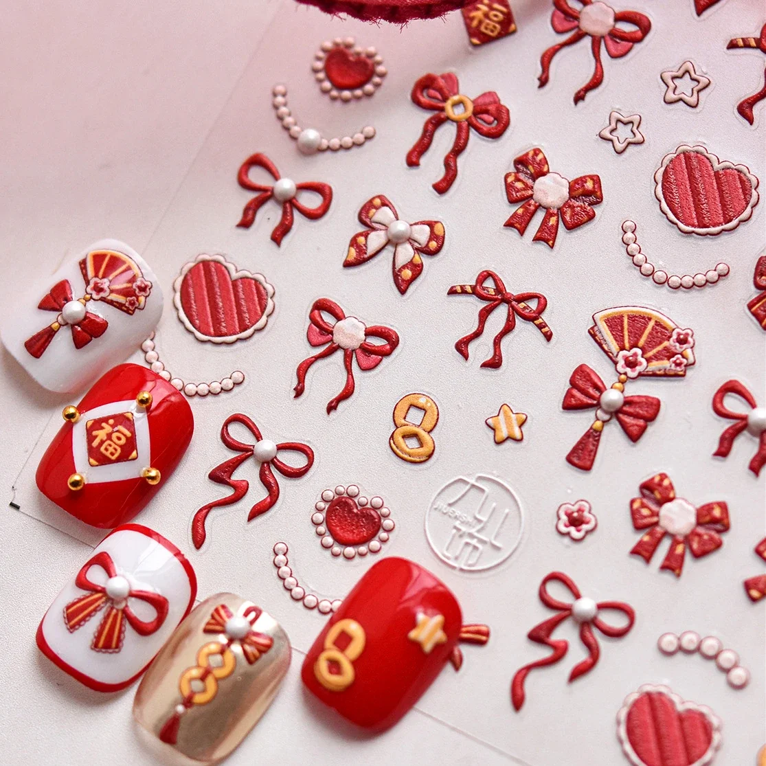 Red Pearl Fan Star Bowknot Lines Love Heart Fu Character Coin Flower Festive Adhesive Nail Art Sticker Rhinestone Manicure Decal