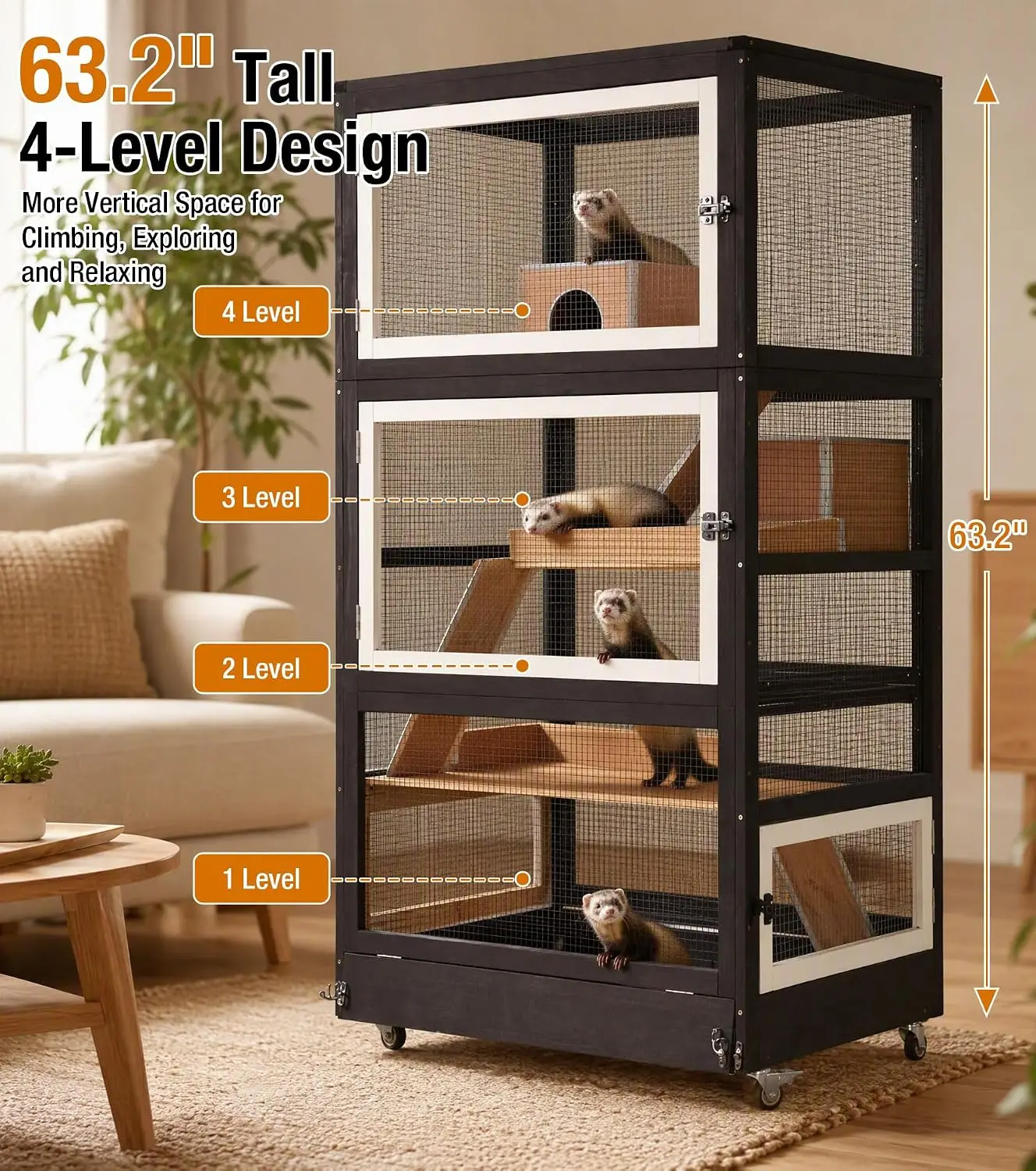 63“H Extra Large 4-Story Ferret Cage with Wheels Brown, Customized