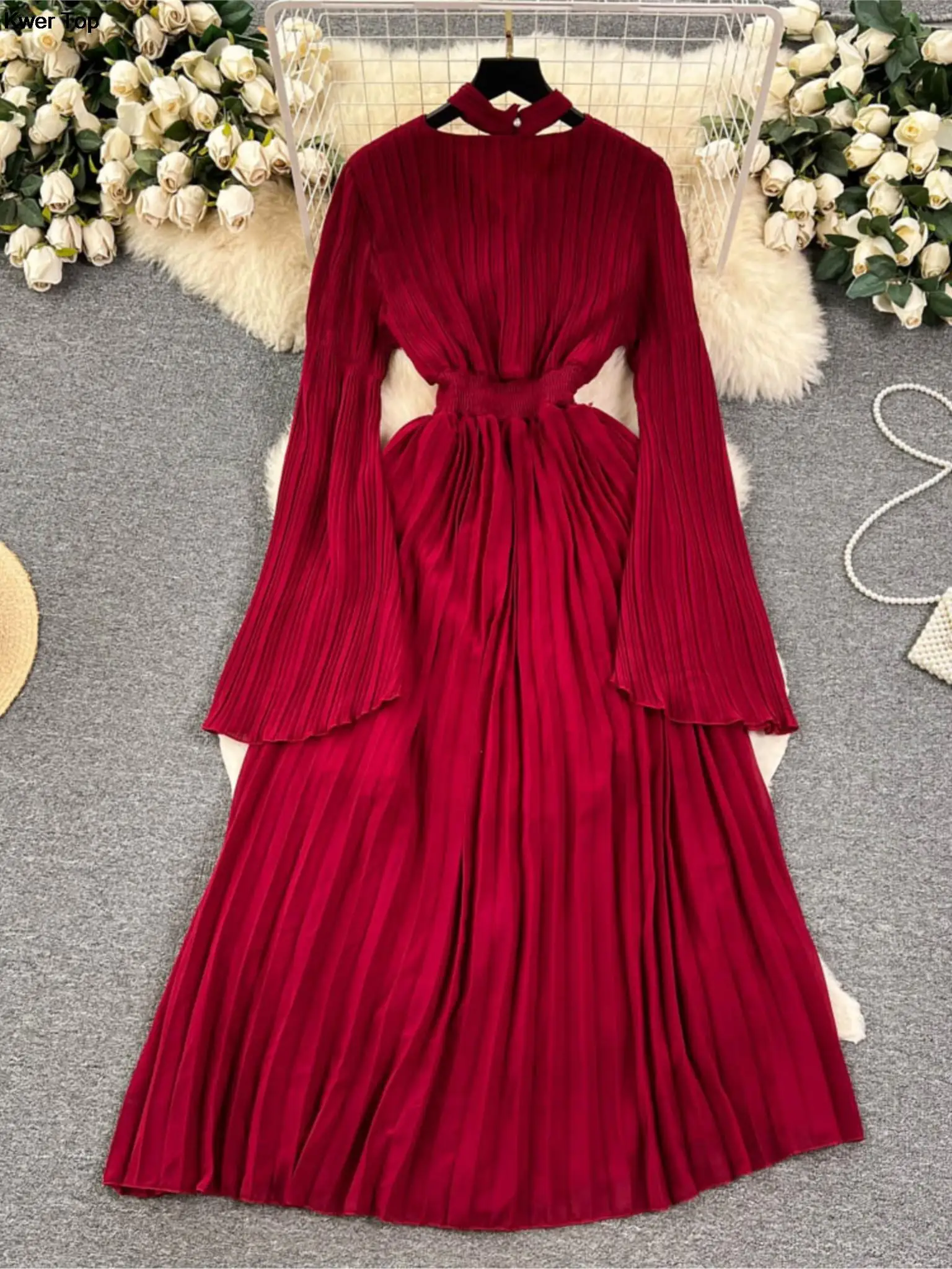 Spring New Fashion White Pleated Evening Party Long Dress Women French Elegant V-neck Slim Waist Robe Female Summer Clothing