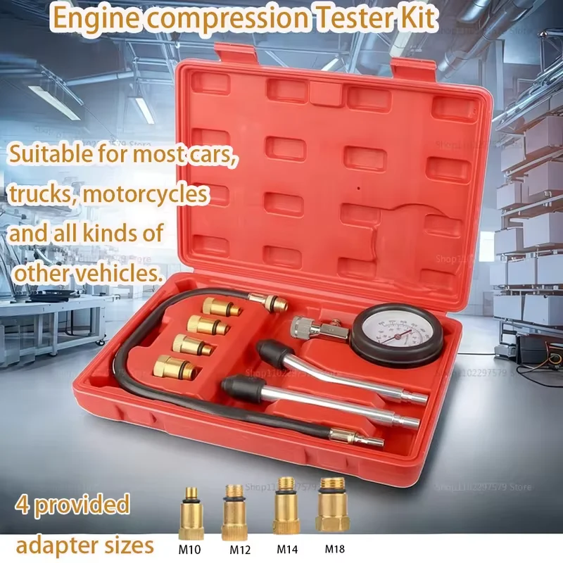 

Engine Compression Tester Car Pressure Gauge Tester Meter Auto Petrol Gas Engine Cylinder with M10 M12 M14 M18 Adapter