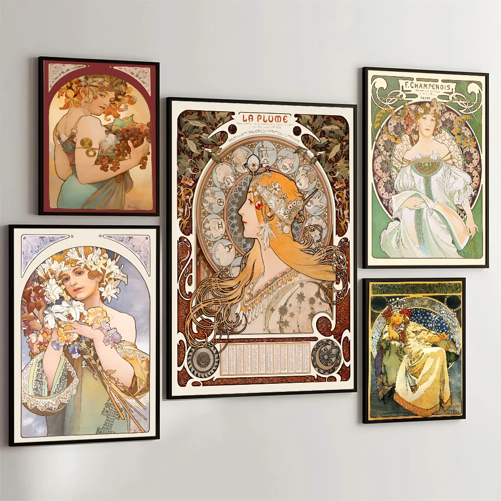 Alphonse Mucha Anime Posters Sticky Decoracion Painting Wall Art White Kraft Paper Wall Decor