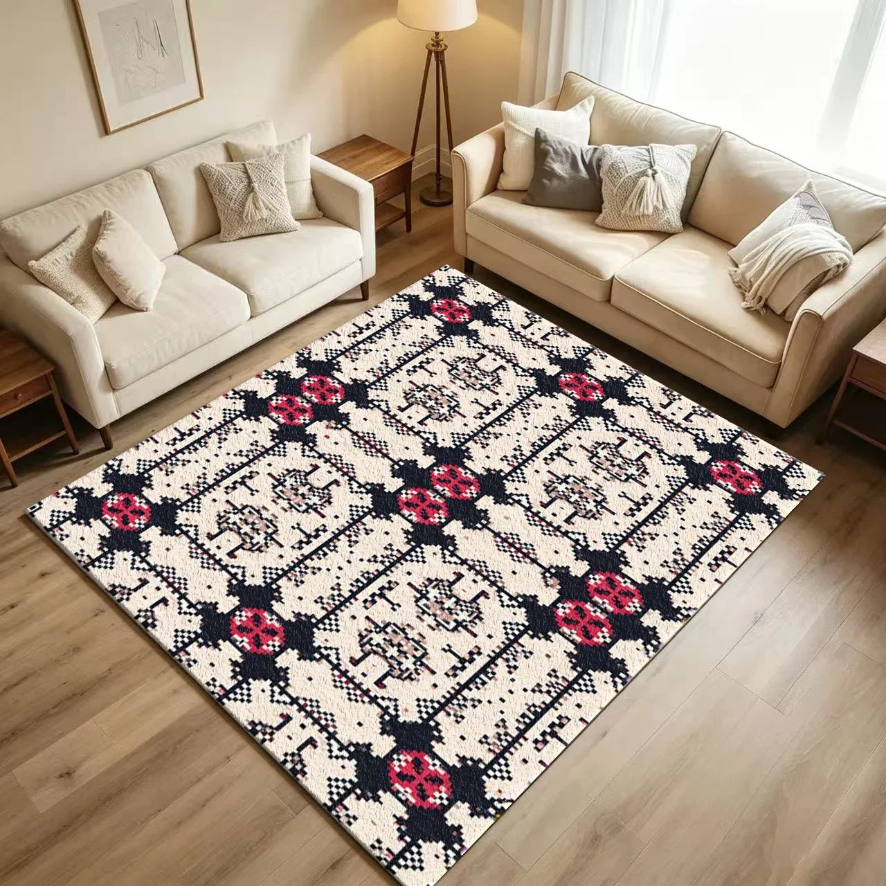 Ethnic Bohemian Pixel Carpet Flooring Retro Folk Geometric Ornament Symmetrical Repeat Art Pattern Printed Floor Rug for Househo