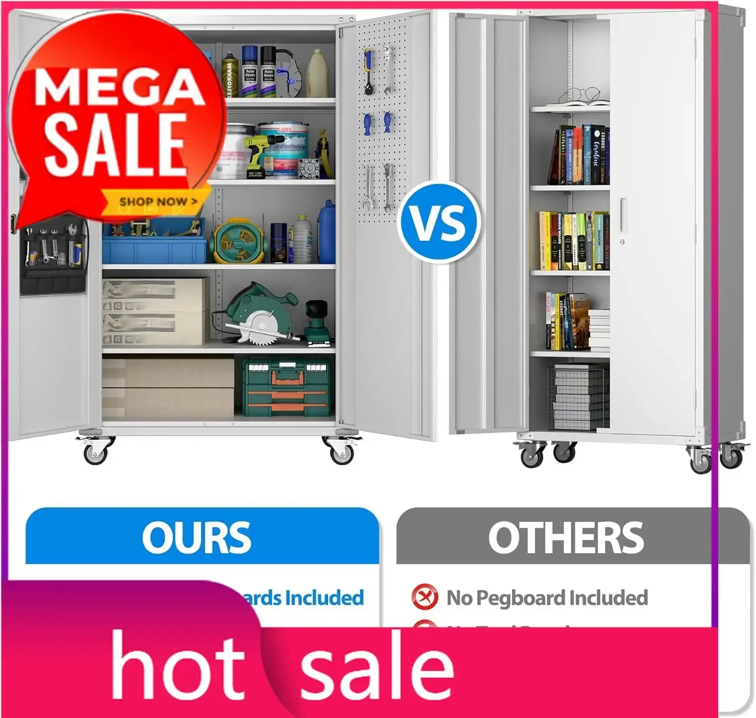 Upgraded Wide and Deep Garage Storage Cabinet with Wheels and Doors,Metal Storage Cabinet with Pegboards and 4 Adjustable Shelve