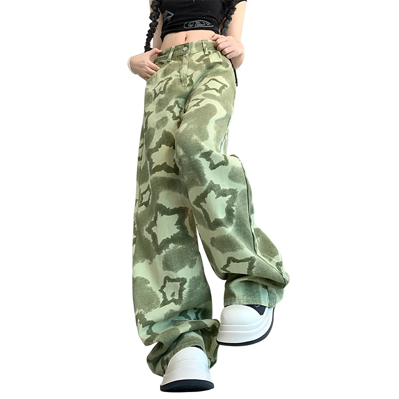 Washed Green Camouflage Jeans Women Y2K Fashion Wide Leg High Waist Denim Pants Female Baggy Jeans Loose Casual Trousers Girls