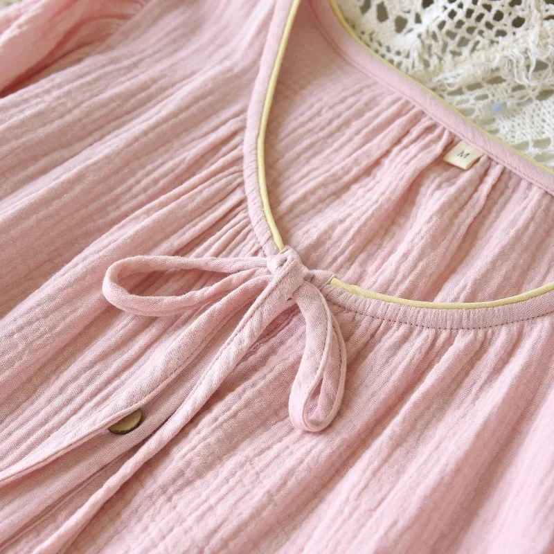 2026 Women's Spring And Autumn New Pajama Set 100% Cotton Crepe Round Neck Solid Color Buckle Home Clothing Set Sleepwear