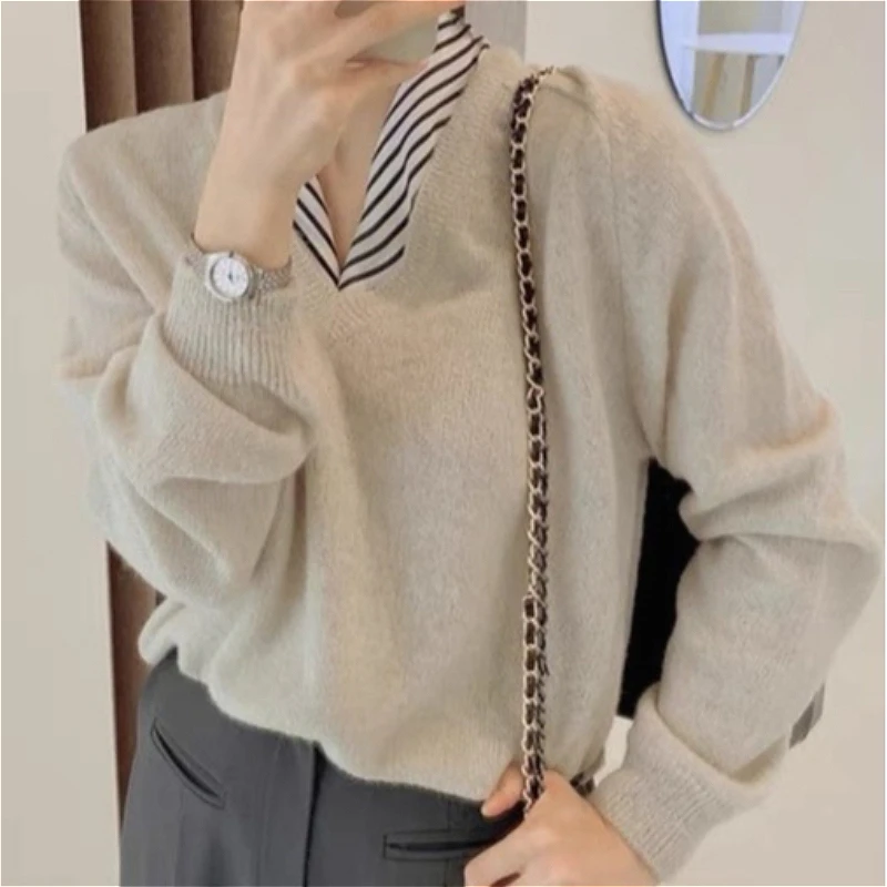 

Knitted Women Pullovers Jumpers Solid Sweaters V Neck Stripe Cuff Long Sleeve Loose Fit Office Lady Elegant Casual 2026 Spring