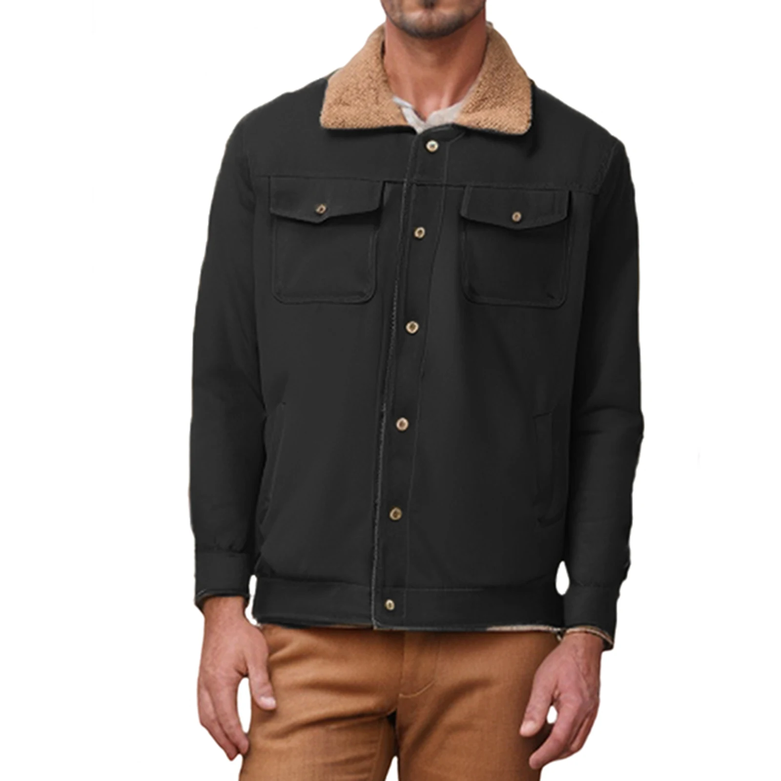 

Men s Winter Jacket Casual Button Down Lapel Collar Fleece Lined Cargo Coat with Pockets