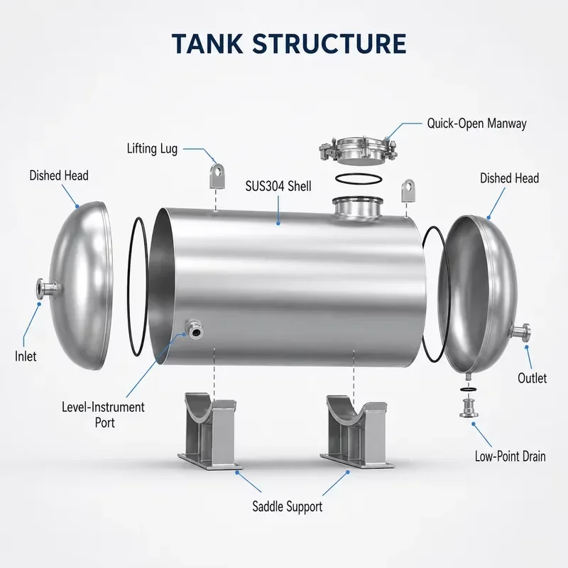 20000L Large Capacity SUS304 Horizontal Water Storage Tank with Access Ladder