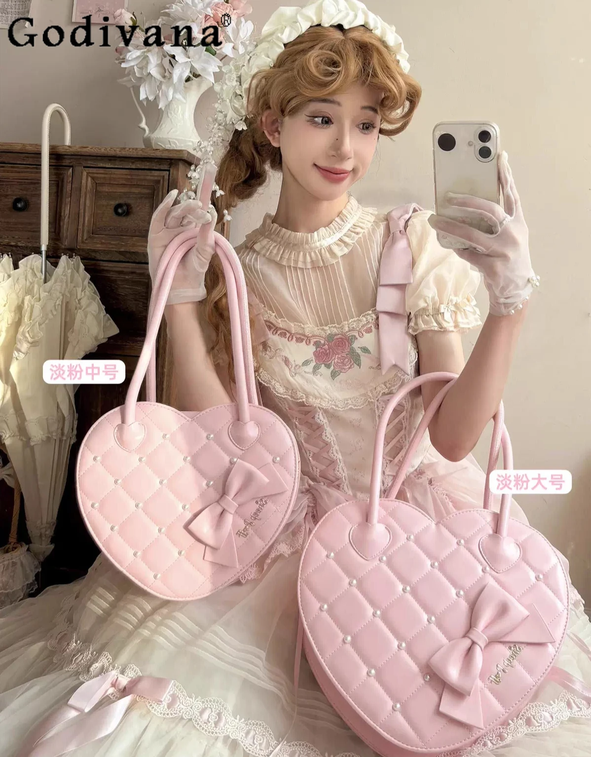 

Japanese Original Sweet Girl Pearl Love Tote Bag Sweet Girl Bow JK Uniform Versatile Commuter Lolita Zipper Crossbody Bag
